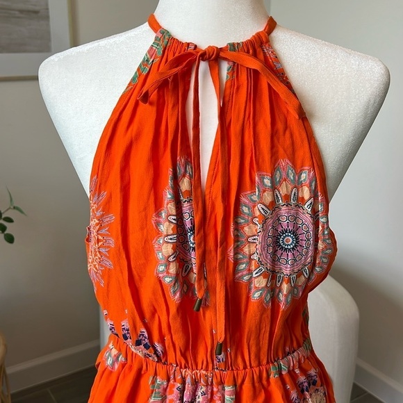 Floreat Anthropologie Livia Bright Orange Mandala Print Halter Keyhole Dress 12P - Picture 7 of 17